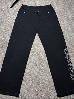 Vintage Y2K Bebe Sport logo Rhinestone Flare Yoga Pant Drawstring Cotton Pockets